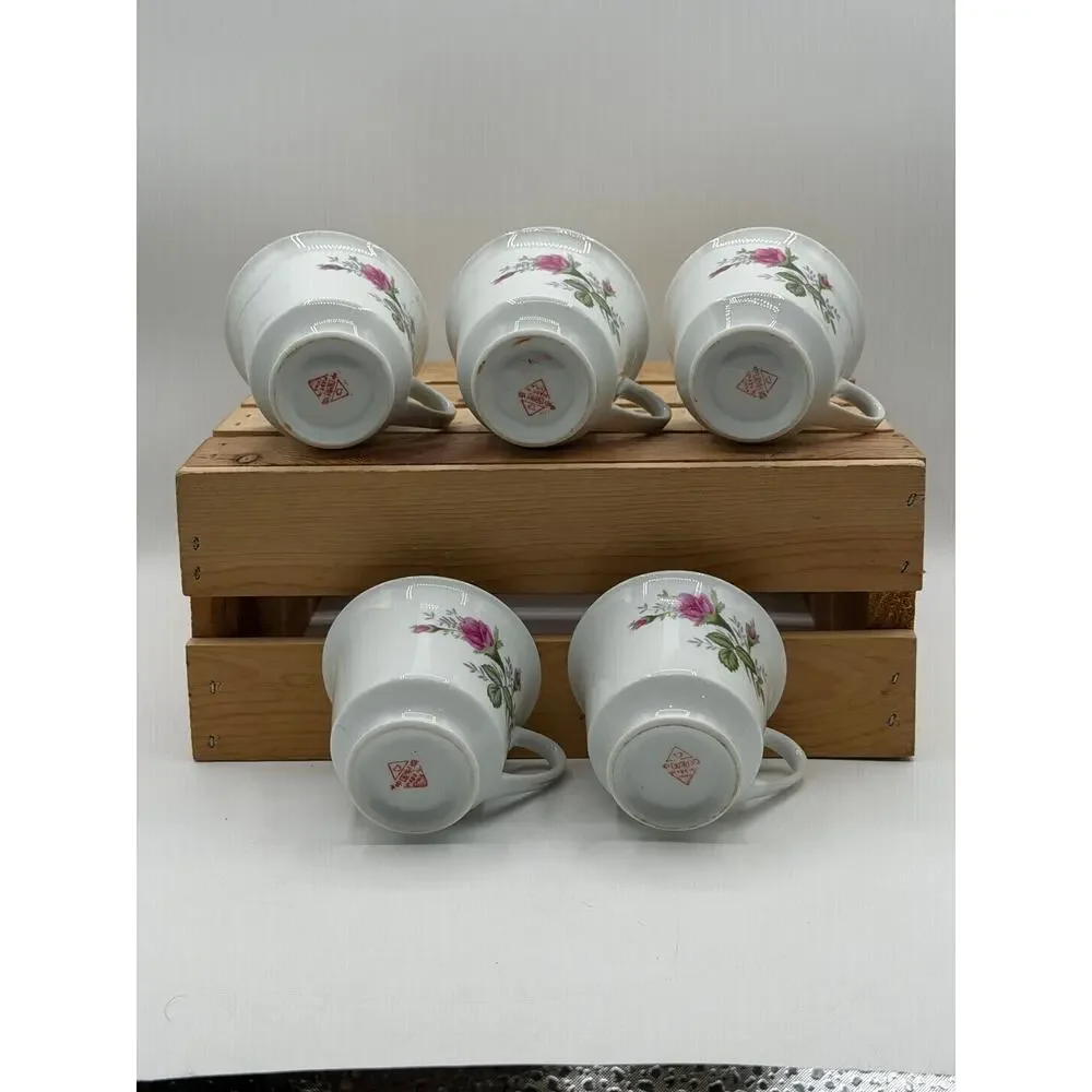 Vintage Pink Rose Porcelain Teacups with Gold Trim – Set of 5